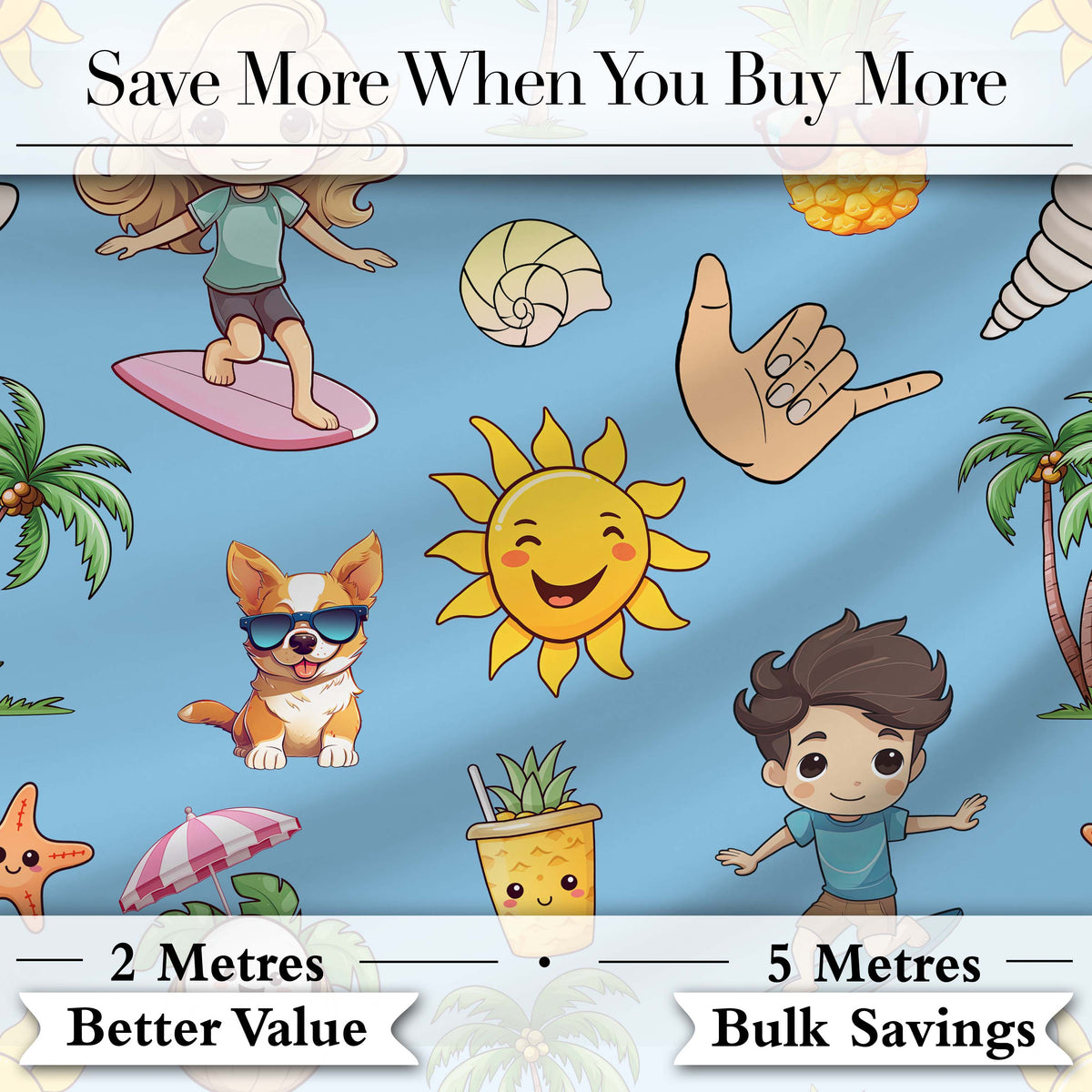 Cute Summer Beach Kids Surfing Sun Pineapple Dog Blue Seamless Pattern Digital Print Fabric by the Metre UK Sewing Quilting Textile