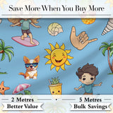 Cute Summer Beach Kids Surfing Sun Pineapple Dog Blue Seamless Pattern Digital Print Fabric by the Metre UK Sewing Quilting Textile