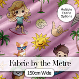 Cute Summer Beach Kids Surfing Sun Pineapple Dog Pink Seamless Pattern Digital Print Fabric by the Metre UK Sewing Quilting Textile