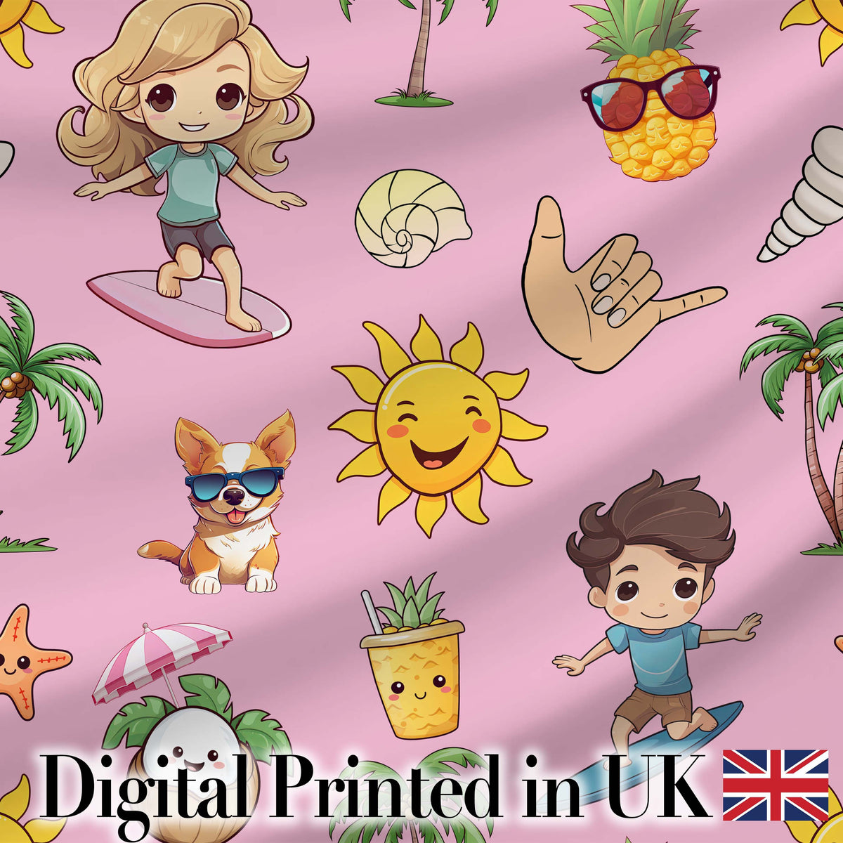 Cute Summer Beach Kids Surfing Sun Pineapple Dog Pink Seamless Pattern Digital Print Fabric by the Metre UK Sewing Quilting Textile