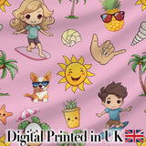 Cute Summer Beach Kids Surfing Sun Pineapple Dog Pink Seamless Pattern Digital Print Fabric by the Metre UK Sewing Quilting Textile