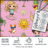 Cute Summer Beach Kids Surfing Sun Pineapple Dog Pink Seamless Pattern Digital Print Fabric by the Metre UK Sewing Quilting Textile