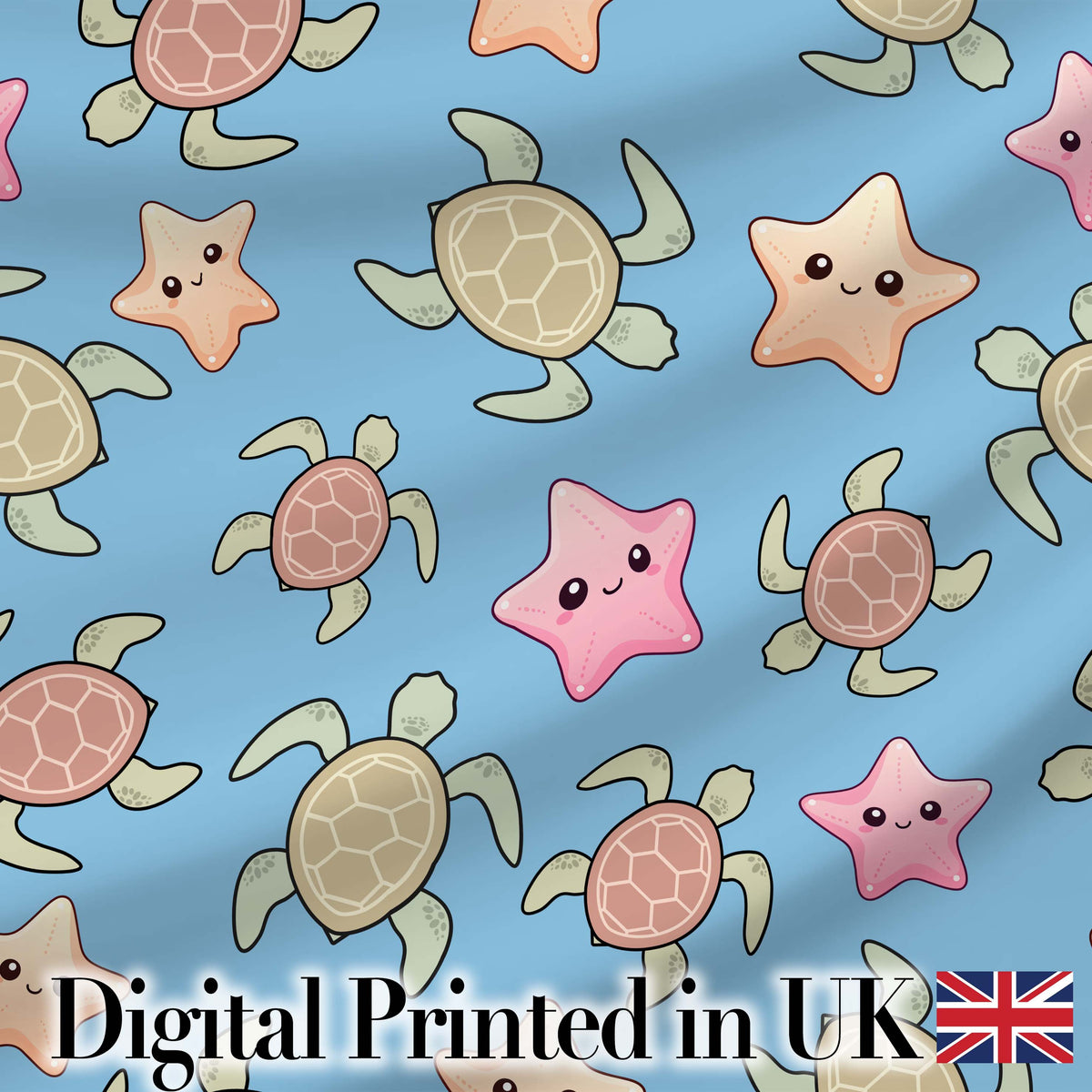 Cute Sea Turtles And Starfish Kawaii Blue Ocean Seamless Pattern Digital Print Fabric by the Metre UK Sewing Quilting Textile