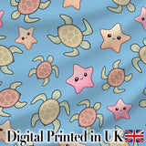Cute Sea Turtles And Starfish Kawaii Blue Ocean Seamless Pattern Digital Print Fabric by the Metre UK Sewing Quilting Textile