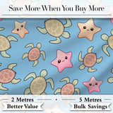 Cute Sea Turtles And Starfish Kawaii Blue Ocean Seamless Pattern Digital Print Fabric by the Metre UK Sewing Quilting Textile