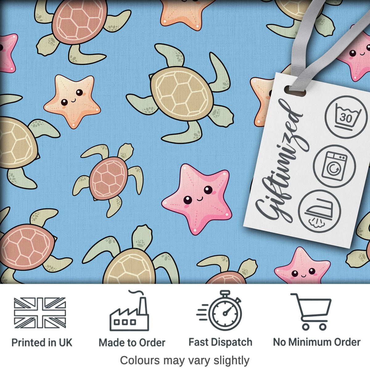 Cute Sea Turtles And Starfish Kawaii Blue Ocean Seamless Pattern Digital Print Fabric by the Metre UK Sewing Quilting Textile