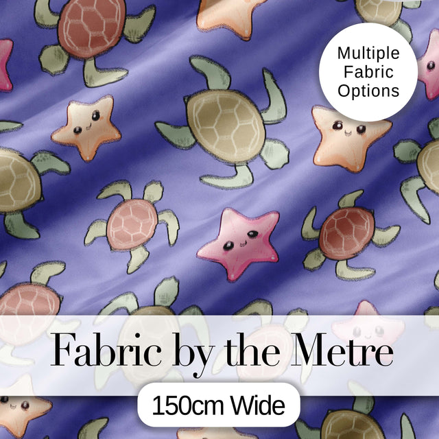 Cute Sea Turtles And Starfish Kawaii Purple Ocean Seamless Pattern Digital Print Fabric by the Metre UK Sewing Quilting Textile