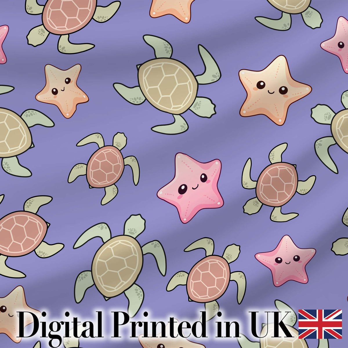 Cute Sea Turtles And Starfish Kawaii Purple Ocean Seamless Pattern Digital Print Fabric by the Metre UK Sewing Quilting Textile