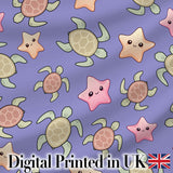 Cute Sea Turtles And Starfish Kawaii Purple Ocean Seamless Pattern Digital Print Fabric by the Metre UK Sewing Quilting Textile