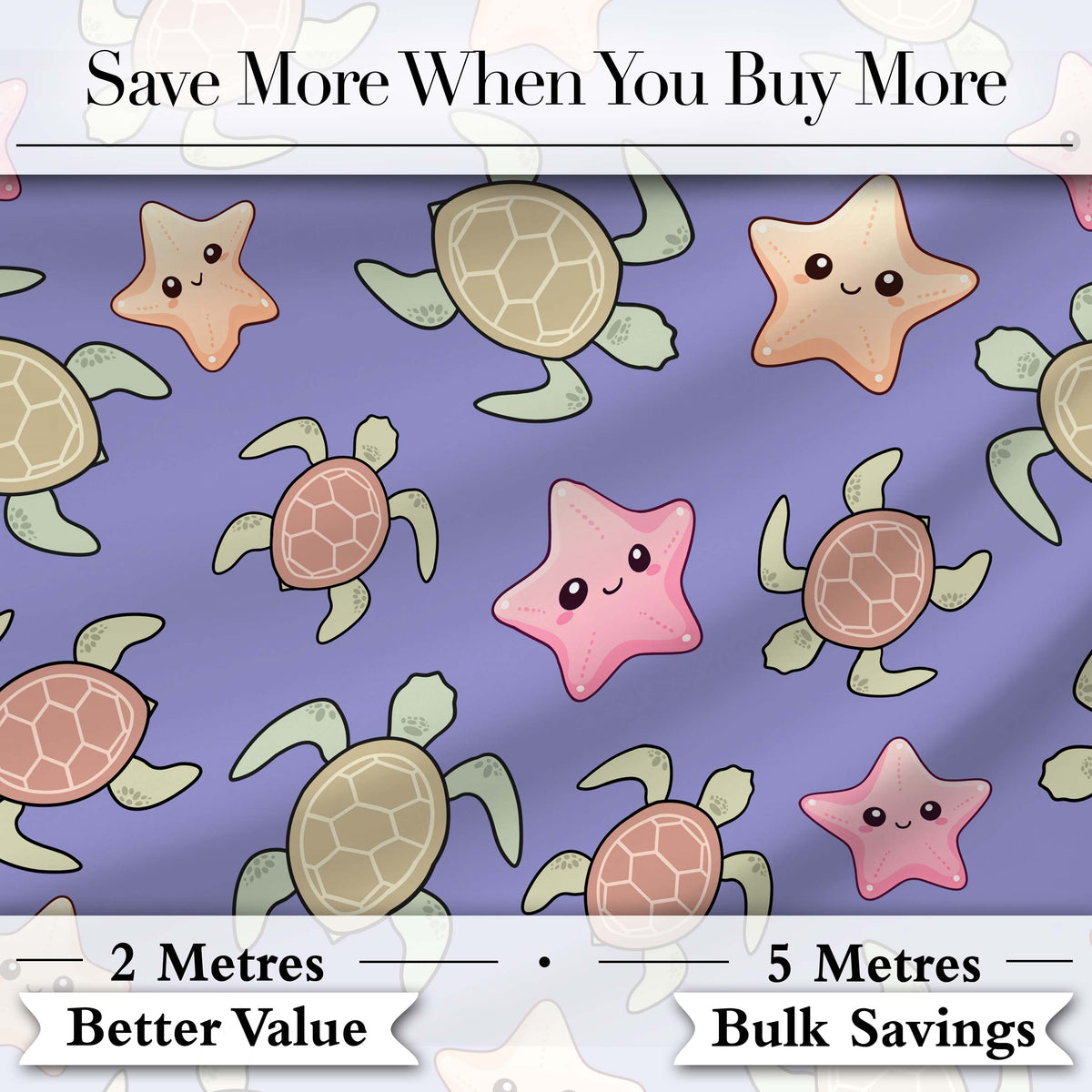 Cute Sea Turtles And Starfish Kawaii Purple Ocean Seamless Pattern Digital Print Fabric by the Metre UK Sewing Quilting Textile
