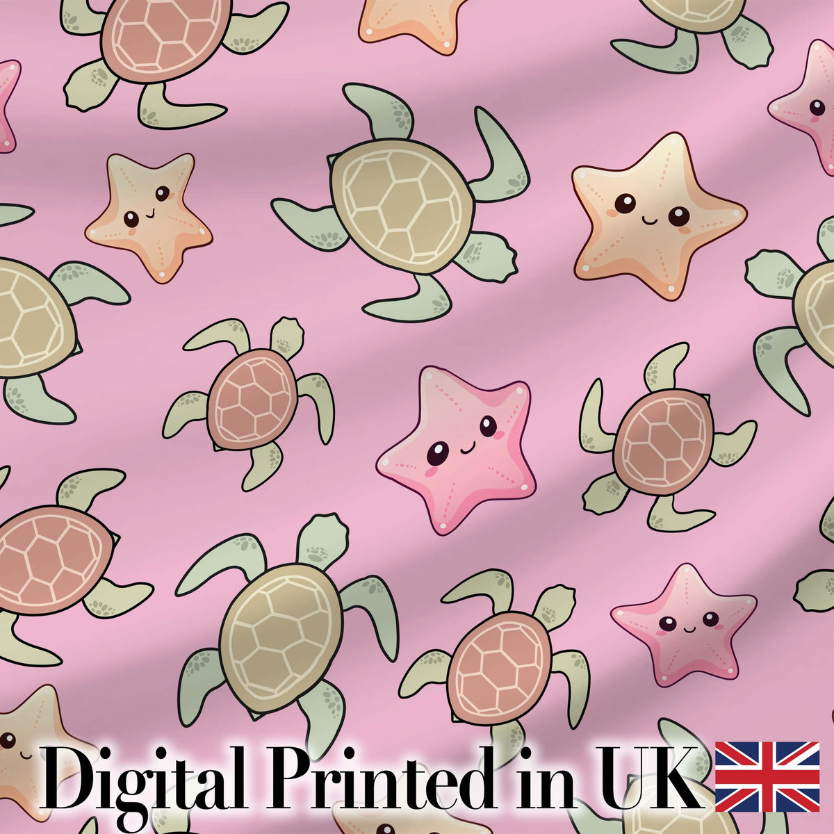 Cute Sea Turtles And Starfish Kawaii Soft Pink Ocean Seamless Pattern Digital Print Fabric by the Metre UK Sewing Quilting Textile