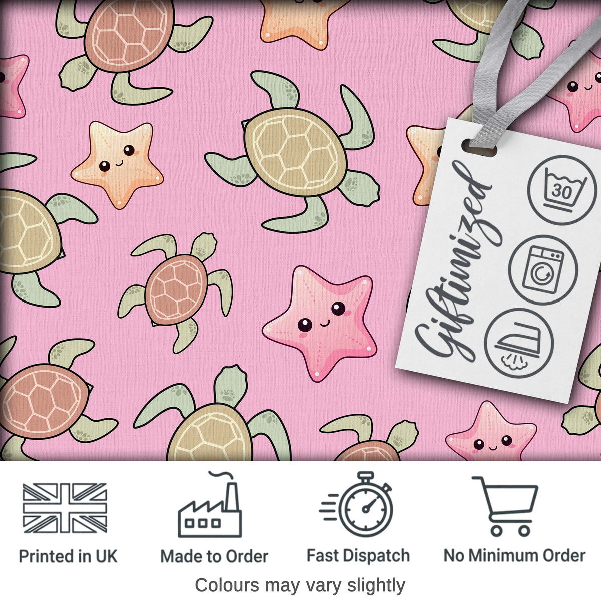 Cute Sea Turtles And Starfish Kawaii Soft Pink Ocean Seamless Pattern Digital Print Fabric by the Metre UK Sewing Quilting Textile