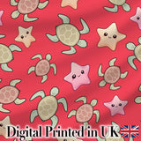 Cute Sea Turtles And Starfish Kawaii Red Ocean Seamless Pattern Digital Print Fabric by the Metre UK Sewing Quilting Textile