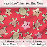 Cute Sea Turtles And Starfish Kawaii Red Ocean Seamless Pattern Digital Print Fabric by the Metre UK Sewing Quilting Textile