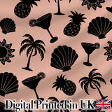 Tropical Beach  Pineapple Cocktail Shell Palm Peach Seamless Pattern Digital Print Fabric by the Metre UK Sewing Quilting Textile