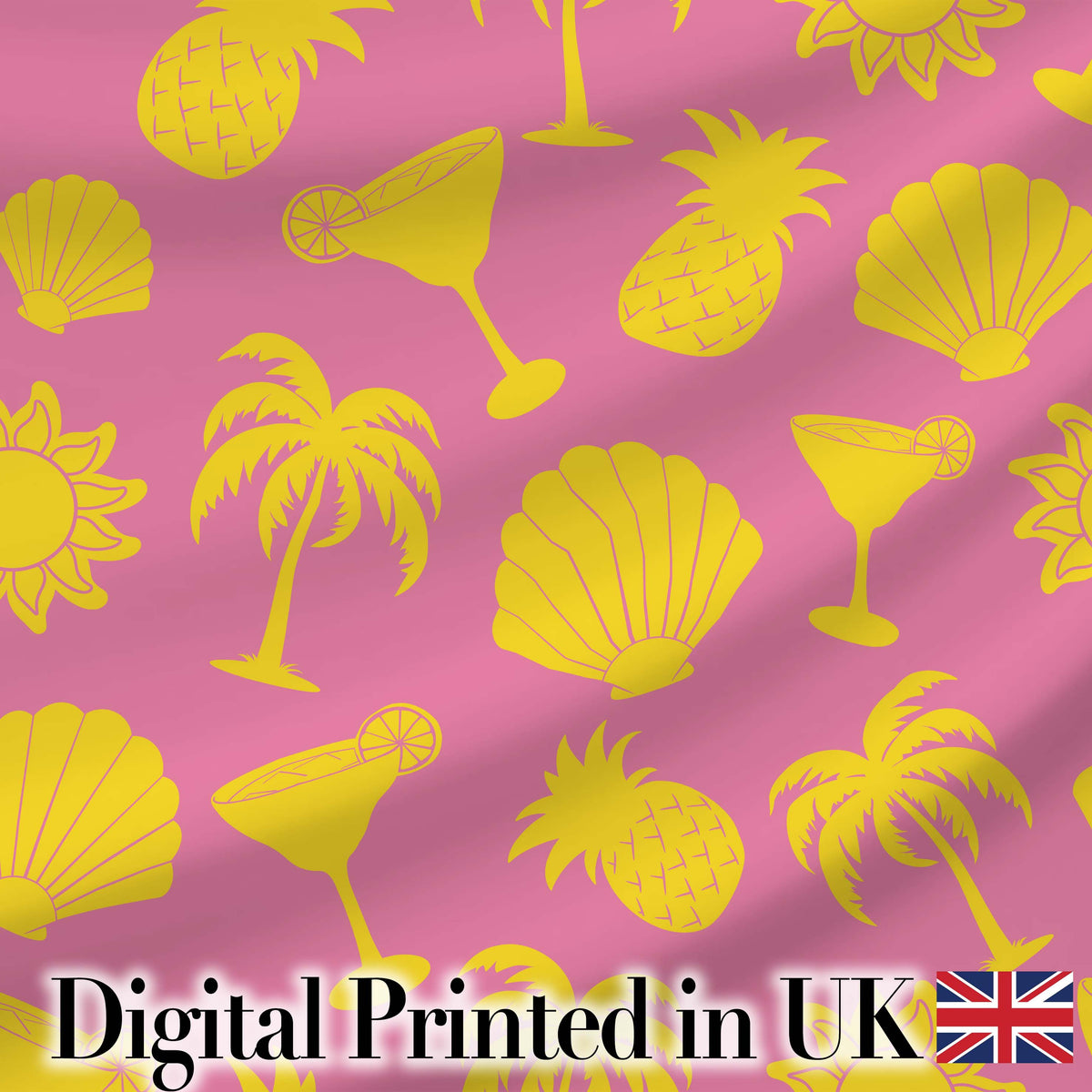 Tropical Beach  Yellow On Pink Summer Seamless Pattern Digital Print Fabric by the Metre UK Sewing Quilting Textile