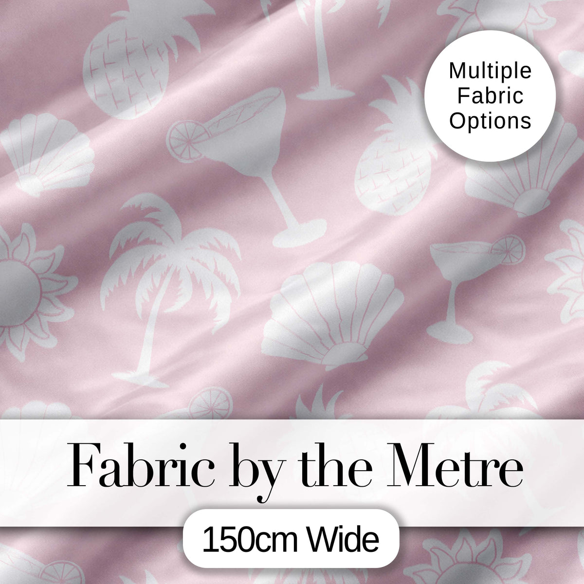 Tropical Beach  White On Soft Pink Summer Seamless Pattern Digital Print Fabric by the Metre UK Sewing Quilting Textile