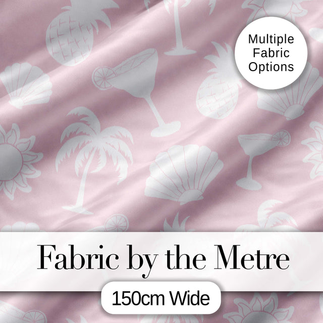 Tropical Beach  White On Soft Pink Summer Seamless Pattern Digital Print Fabric by the Metre UK Sewing Quilting Textile