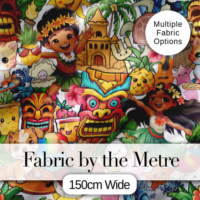 Hawaiian Luau Tropical Characters Fun Summer Seamless Pattern Digital Print Fabric by the Metre UK Sewing Quilting Textile