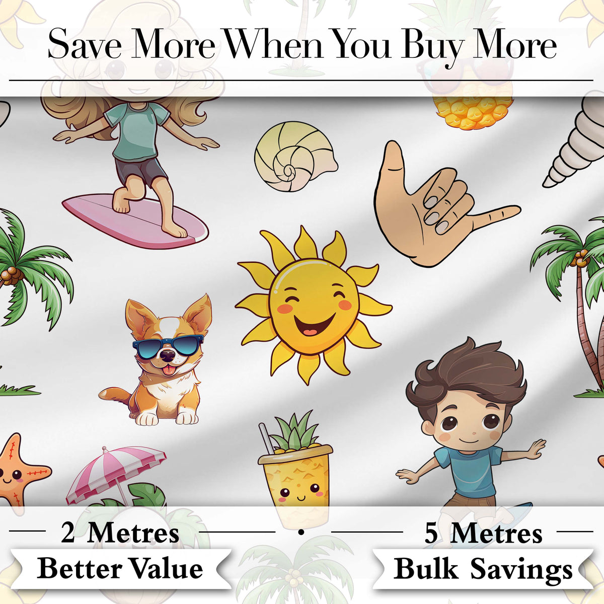 Cute Summer Beach Kids Fun Tropical Seamless Pattern Digital Print Fabric by the Metre UK Sewing Quilting Textile
