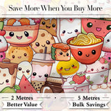 Cute Kawaii Food Characters Sushi Drinks Desserts Cream Seamless Pattern Digital Print Fabric by the Metre UK Sewing Quilting Textile