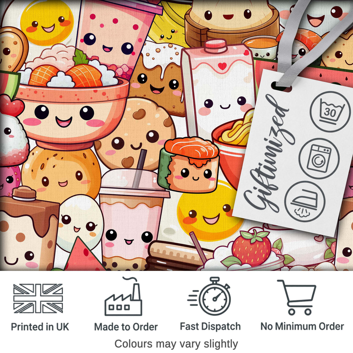 Cute Kawaii Food Characters Sushi Drinks Desserts Cream Seamless Pattern Digital Print Fabric by the Metre UK Sewing Quilting Textile