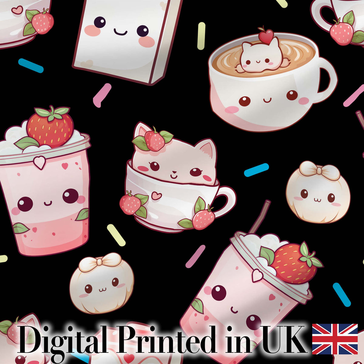 Cute Strawberry Cat Coffee Cups Kawaii Black Seamless Pattern Digital Print Fabric by the Metre UK Sewing Quilting Textile