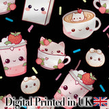 Cute Strawberry Cat Coffee Cups Kawaii Black Seamless Pattern Digital Print Fabric by the Metre UK Sewing Quilting Textile