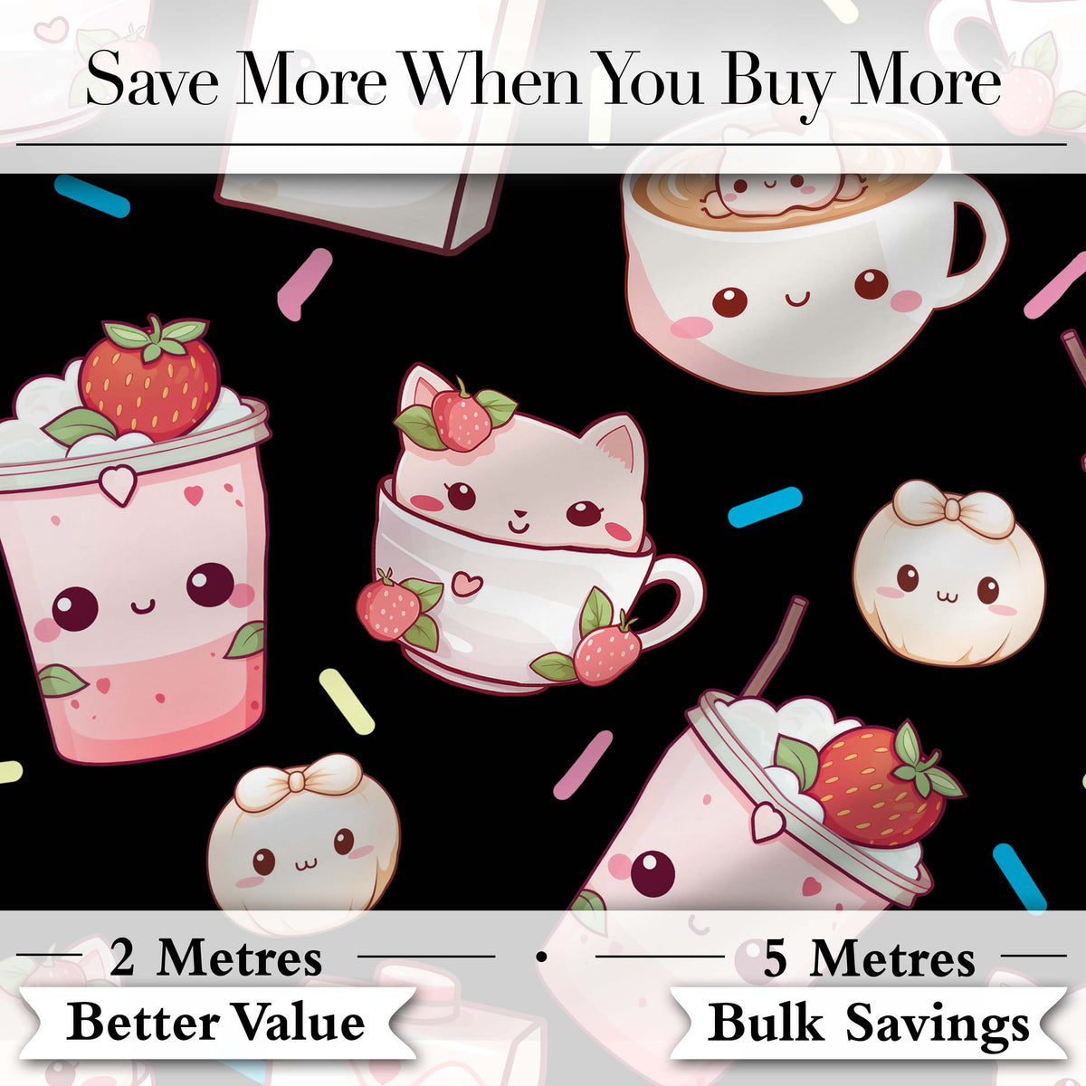 Cute Strawberry Cat Coffee Cups Kawaii Black Seamless Pattern Digital Print Fabric by the Metre UK Sewing Quilting Textile
