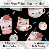 Cute Strawberry Cat Coffee Cups Kawaii Black Seamless Pattern Digital Print Fabric by the Metre UK Sewing Quilting Textile