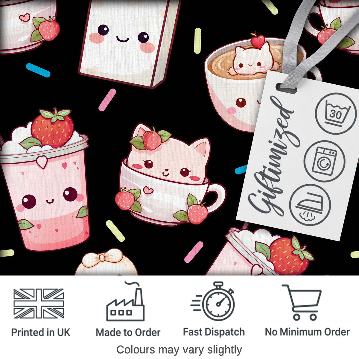 Cute Strawberry Cat Coffee Cups Kawaii Black Seamless Pattern Digital Print Fabric by the Metre UK Sewing Quilting Textile