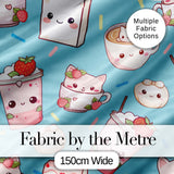 Cute Strawberry Cat Coffee Cups Blue Kawaii Seamless Pattern Digital Print Fabric by the Metre UK Sewing Quilting Textile
