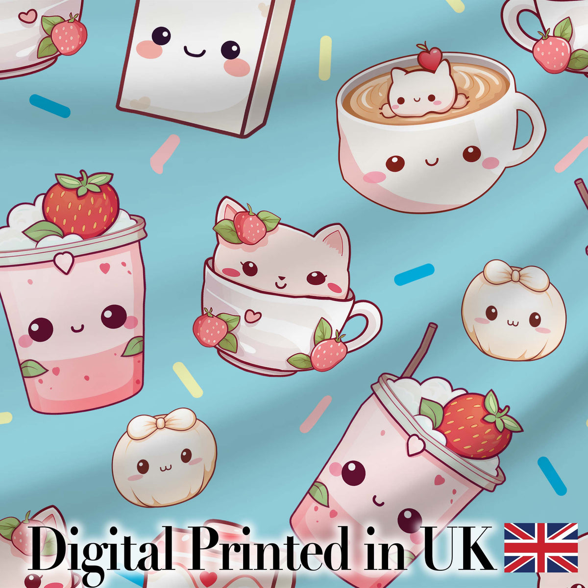 Cute Strawberry Cat Coffee Cups Blue Kawaii Seamless Pattern Digital Print Fabric by the Metre UK Sewing Quilting Textile