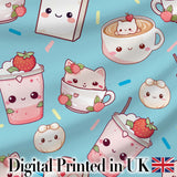 Cute Strawberry Cat Coffee Cups Blue Kawaii Seamless Pattern Digital Print Fabric by the Metre UK Sewing Quilting Textile