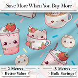 Cute Strawberry Cat Coffee Cups Blue Kawaii Seamless Pattern Digital Print Fabric by the Metre UK Sewing Quilting Textile