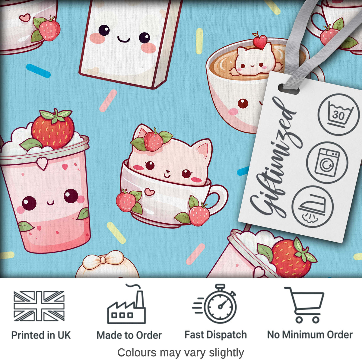 Cute Strawberry Cat Coffee Cups Blue Kawaii Seamless Pattern Digital Print Fabric by the Metre UK Sewing Quilting Textile