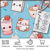 Cute Strawberry Cat Coffee Cups Blue Kawaii Seamless Pattern Digital Print Fabric by the Metre UK Sewing Quilting Textile