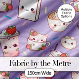 Cute Strawberry Cat Coffee Cups Purple Kawaii Seamless Pattern Digital Print Fabric by the Metre UK Sewing Quilting Textile