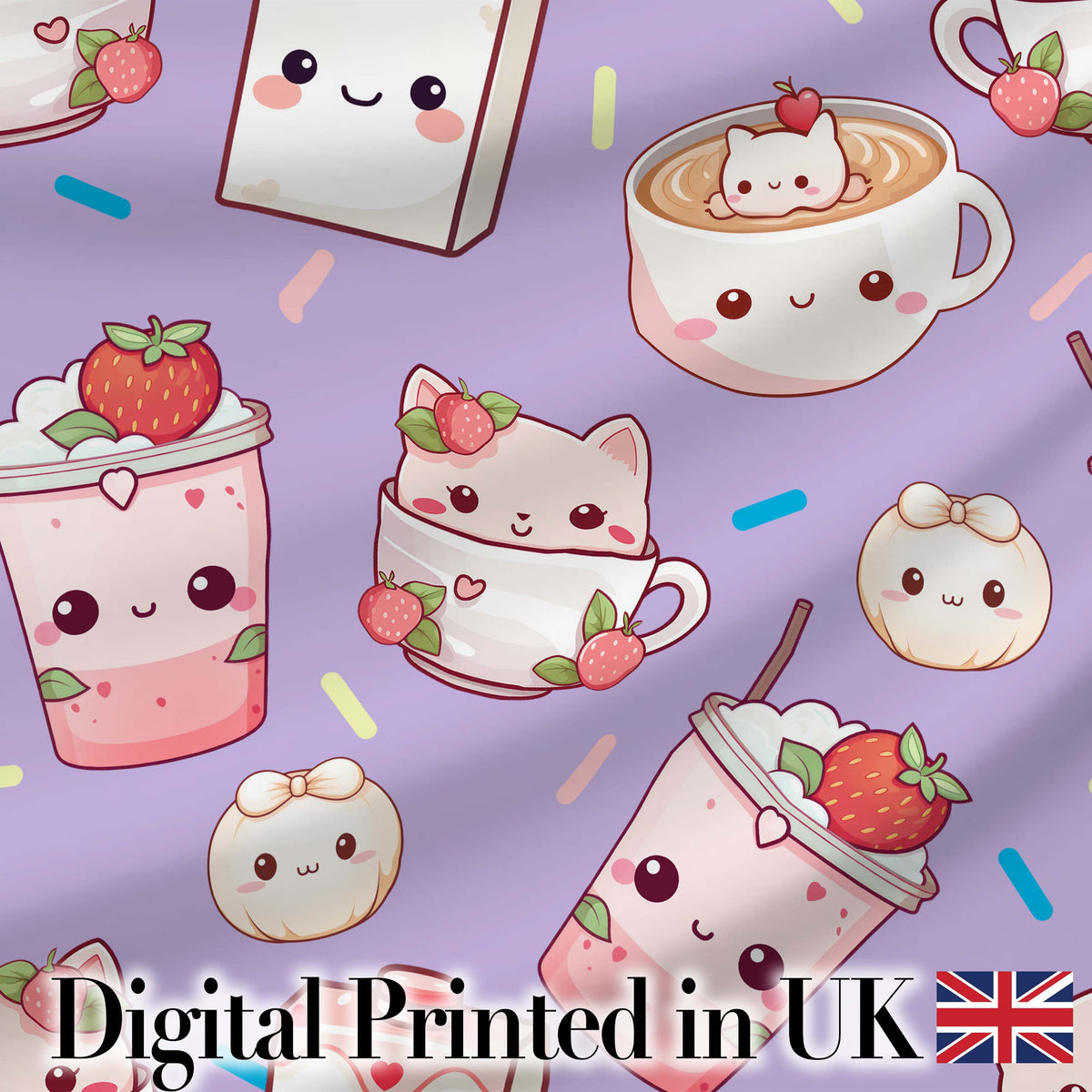 Cute Strawberry Cat Coffee Cups Purple Kawaii Seamless Pattern Digital Print Fabric by the Metre UK Sewing Quilting Textile