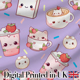 Cute Strawberry Cat Coffee Cups Purple Kawaii Seamless Pattern Digital Print Fabric by the Metre UK Sewing Quilting Textile