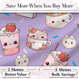 Cute Strawberry Cat Coffee Cups Purple Kawaii Seamless Pattern Digital Print Fabric by the Metre UK Sewing Quilting Textile