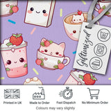 Cute Strawberry Cat Coffee Cups Purple Kawaii Seamless Pattern Digital Print Fabric by the Metre UK Sewing Quilting Textile