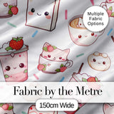 Cute Strawberry Cat Coffee Cups White Kawaii Seamless Pattern Digital Print Fabric by the Metre UK Sewing Quilting Textile