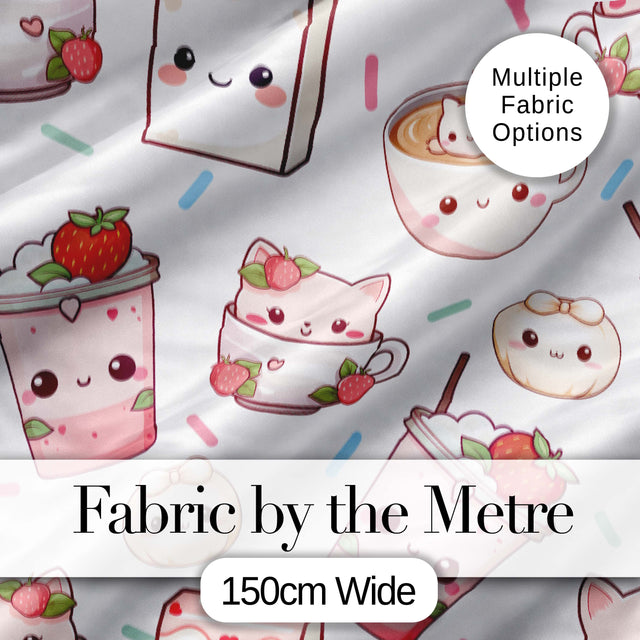 Cute Strawberry Cat Coffee Cups White Kawaii Seamless Pattern Digital Print Fabric by the Metre UK Sewing Quilting Textile