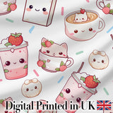 Cute Strawberry Cat Coffee Cups White Kawaii Seamless Pattern Digital Print Fabric by the Metre UK Sewing Quilting Textile