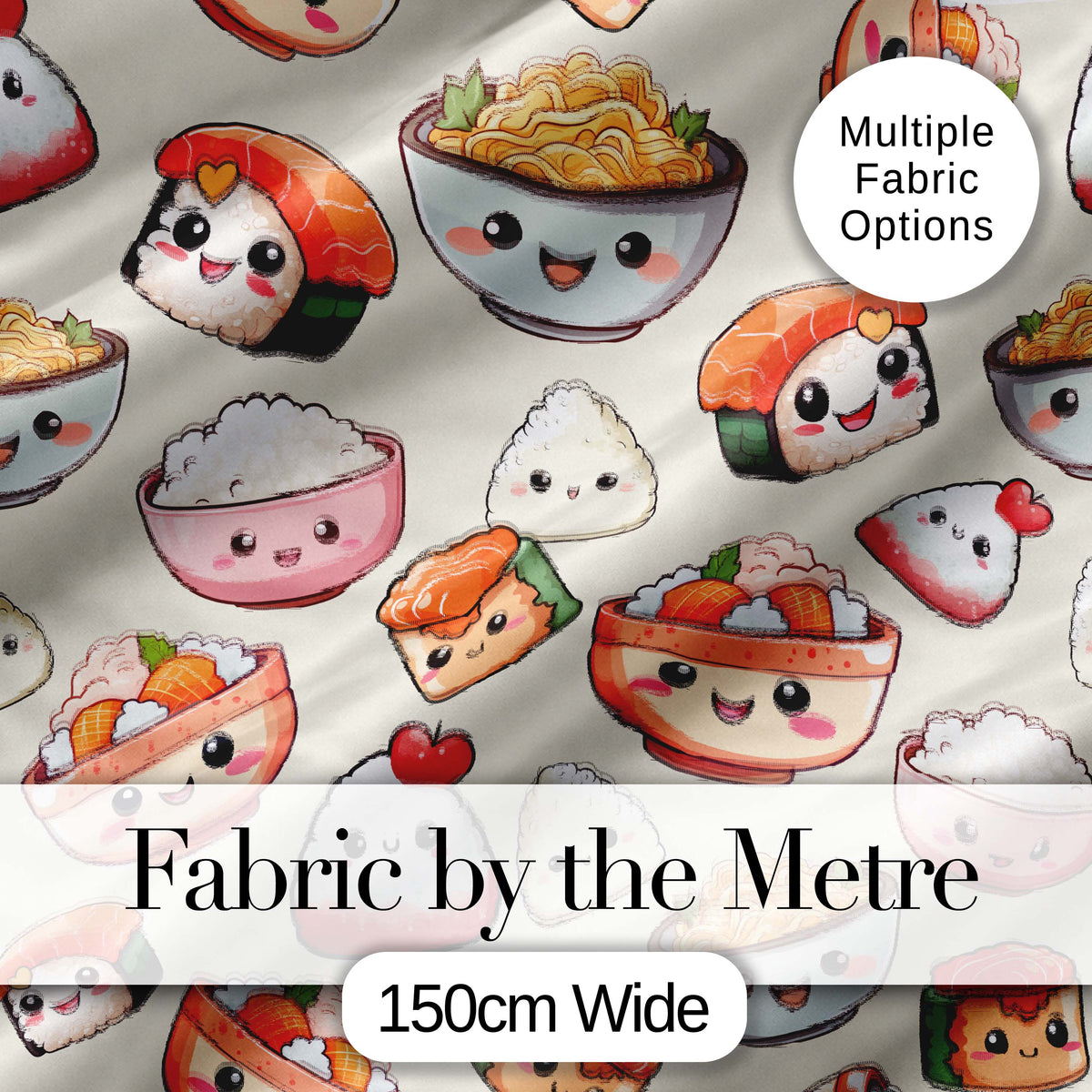Cute Kawaii Sushi Rice Noodles Bowl Food Seamless Pattern Digital Print Fabric by the Metre UK Sewing Quilting Textile