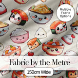 Cute Kawaii Sushi Rice Noodles Bowl Food Seamless Pattern Digital Print Fabric by the Metre UK Sewing Quilting Textile