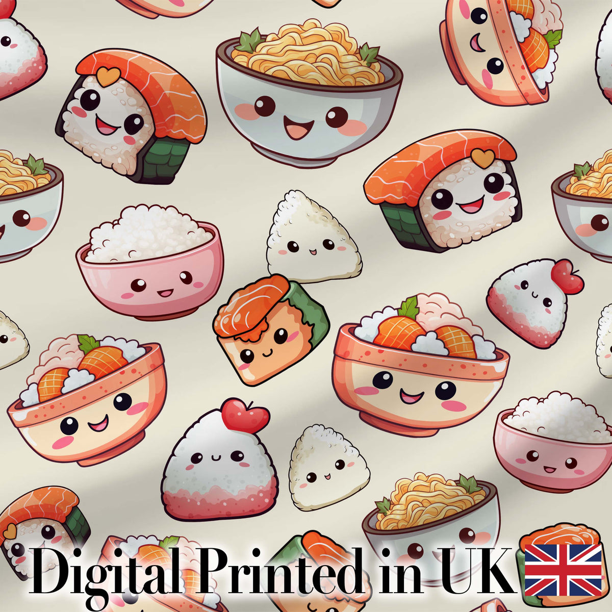 Cute Kawaii Sushi Rice Noodles Bowl Food Seamless Pattern Digital Print Fabric by the Metre UK Sewing Quilting Textile