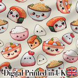 Cute Kawaii Sushi Rice Noodles Bowl Food Seamless Pattern Digital Print Fabric by the Metre UK Sewing Quilting Textile