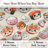 Cute Kawaii Sushi Rice Noodles Bowl Food Seamless Pattern Digital Print Fabric by the Metre UK Sewing Quilting Textile